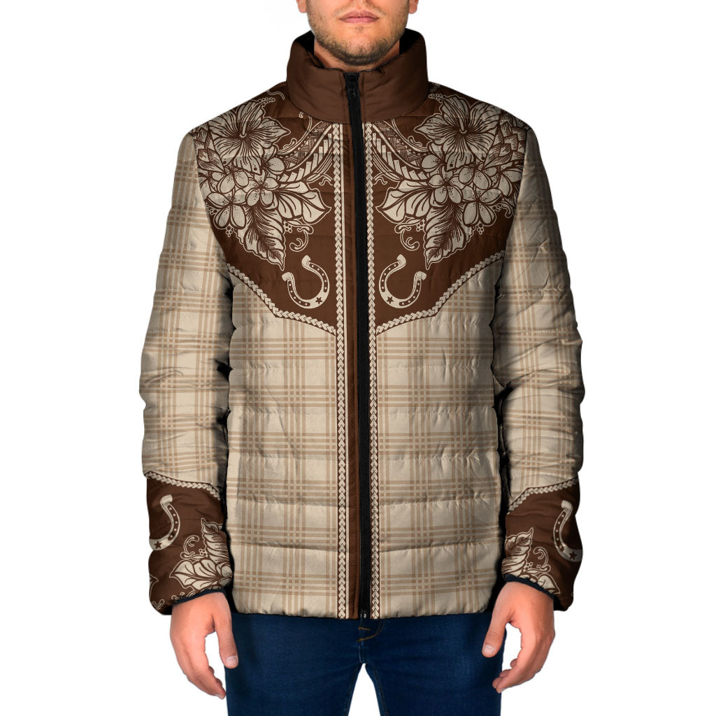 Hawai'i Paniolo Motif Leather Brown Padded Jacket Floral Palaka Print LT7 Men Brown - Polynesian Pride