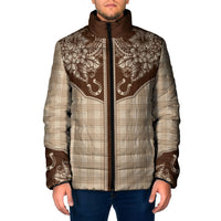 Hawai'i Paniolo Motif Leather Brown Padded Jacket Floral Palaka Print LT7 Men Brown - Polynesian Pride