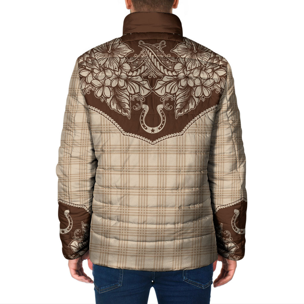 Hawai'i Paniolo Motif Leather Brown Padded Jacket Floral Palaka Print LT7 - Polynesian Pride