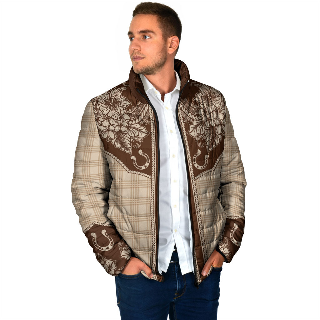 Hawai'i Paniolo Motif Leather Brown Padded Jacket Floral Palaka Print LT7 - Polynesian Pride