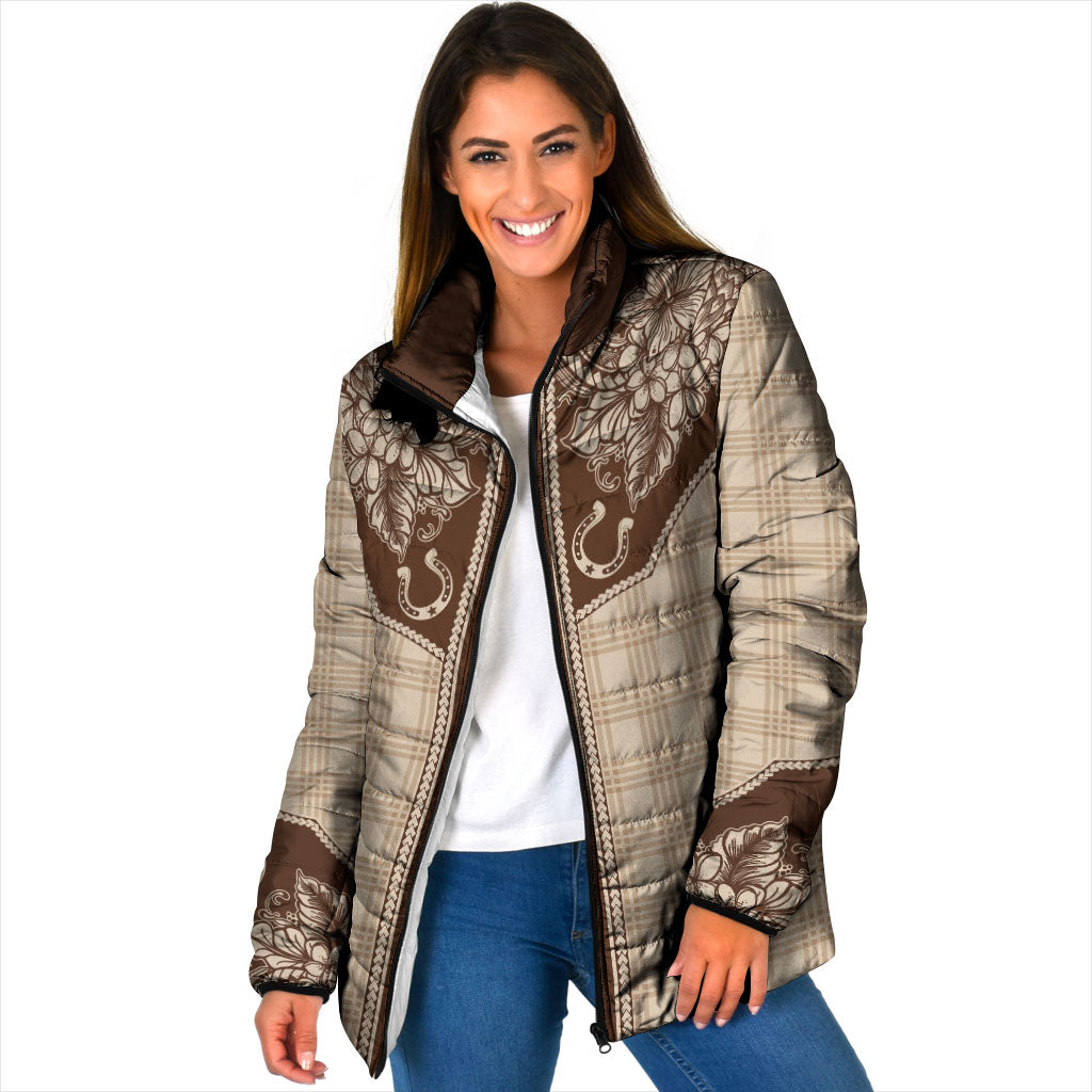 Hawai'i Paniolo Motif Leather Brown Padded Jacket Floral Palaka Print LT7 Women Brown - Polynesian Pride