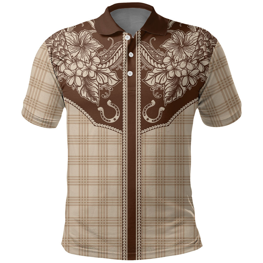Hawai'i Paniolo Motif Leather Brown Polo Shirt Floral Palaka Print LT7 Brown - Polynesian Pride