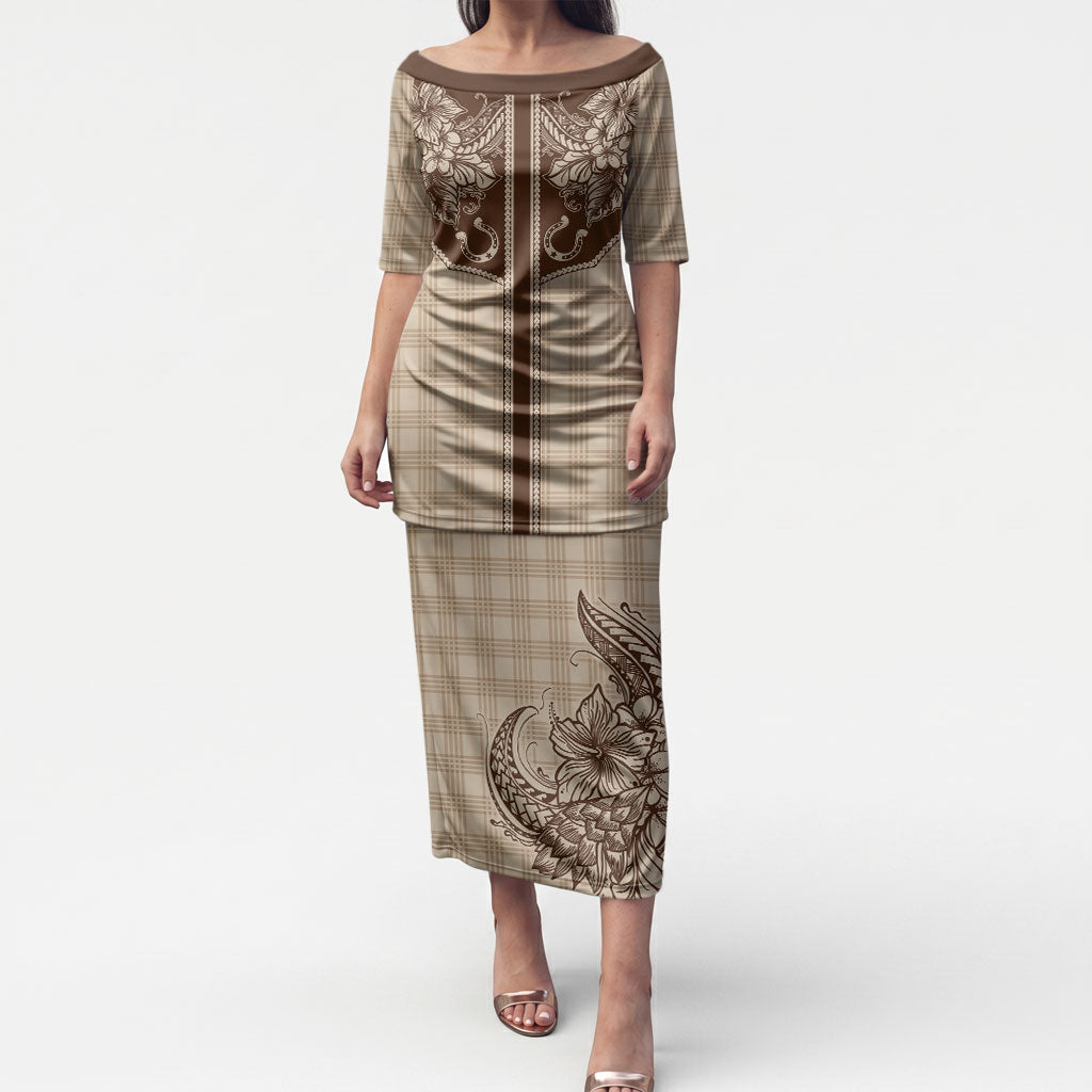 Hawai'i Paniolo Motif Leather Brown Puletasi Floral Palaka Print LT7 Long Dress Brown - Polynesian Pride
