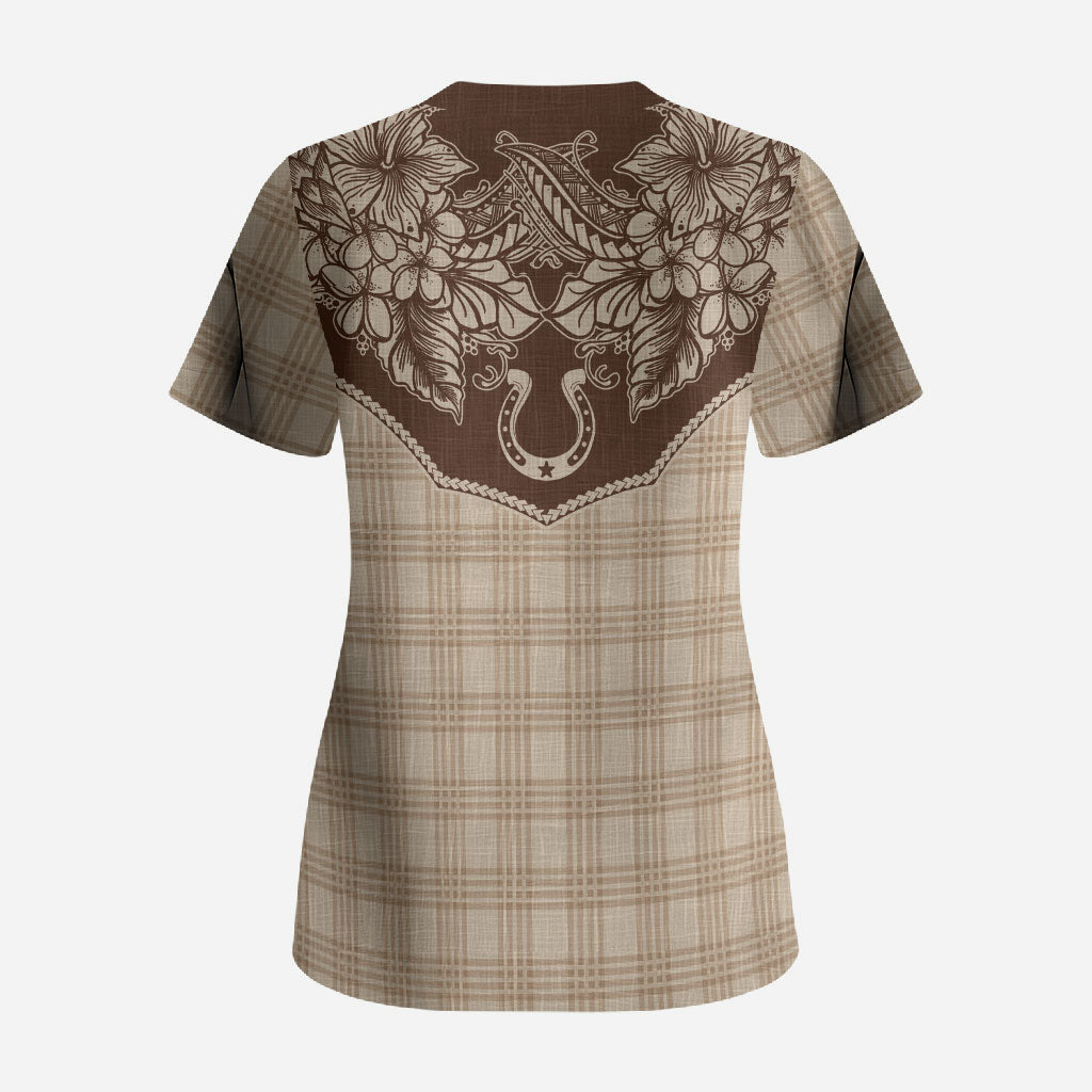 Hawai'i Paniolo Motif Leather Brown Scrub Top Floral Palaka Print LT7 - Polynesian Pride