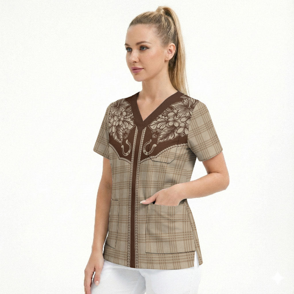 Hawai'i Paniolo Motif Leather Brown Scrub Top Floral Palaka Print LT7 - Polynesian Pride