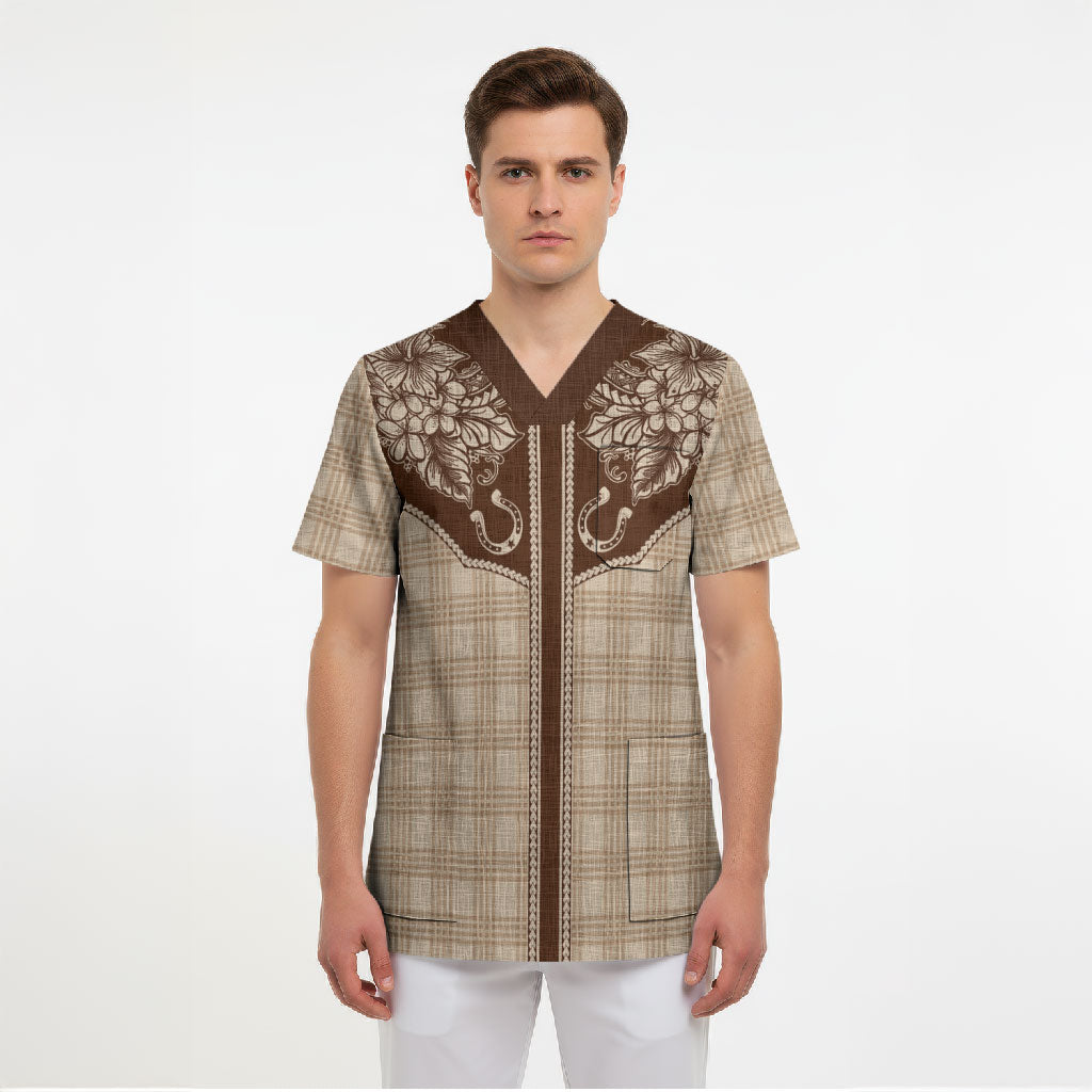 Hawai'i Paniolo Motif Leather Brown Scrub Top Floral Palaka Print LT7 - Polynesian Pride