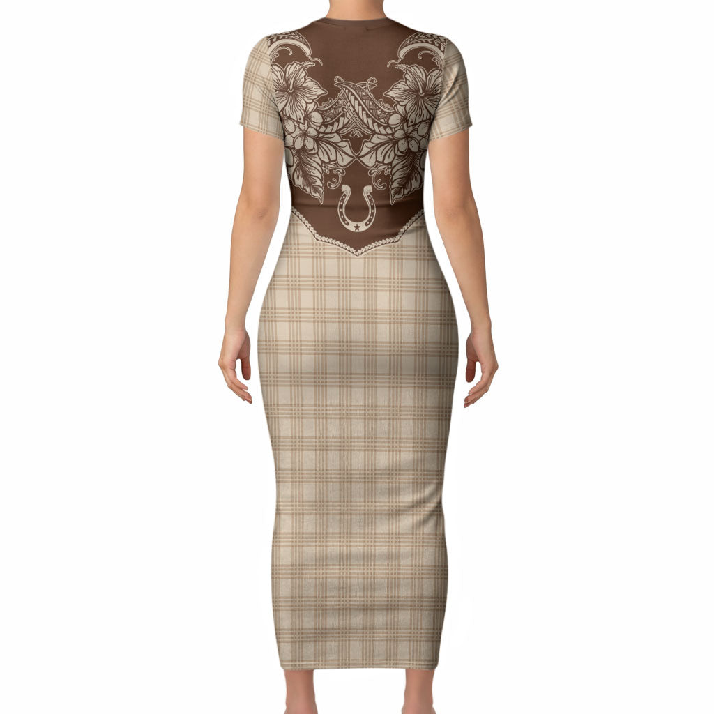 Hawai'i Paniolo Motif Leather Brown Short Sleeve Bodycon Dress Floral Palaka Print LT7 - Polynesian Pride