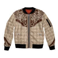 Hawai'i Paniolo Motif Leather Brown Sleeve Zip Bomber Jacket Floral Palaka Print LT7 Unisex Brown - Polynesian Pride