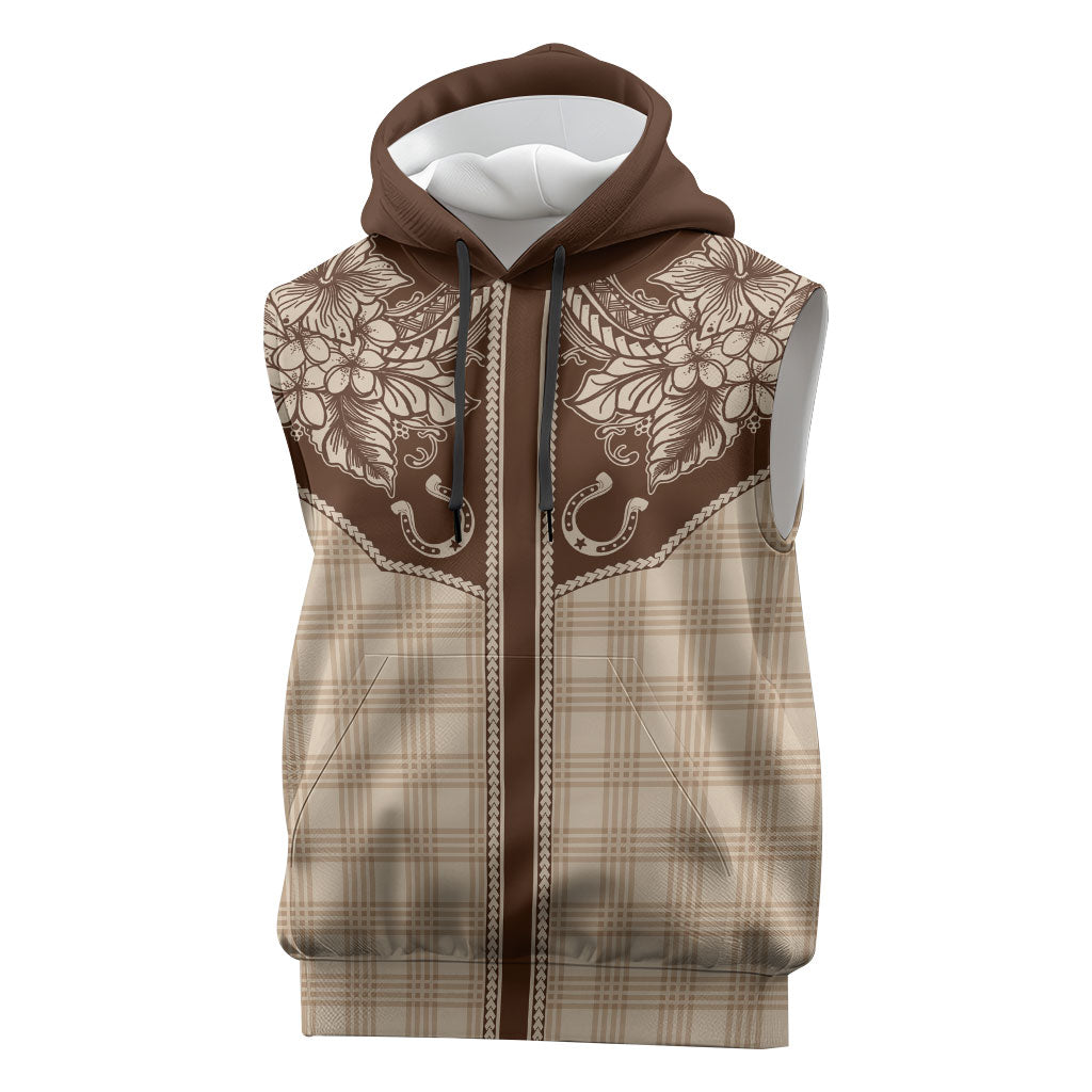 Hawai'i Paniolo Motif Leather Brown Sleeveless Hoodie Floral Palaka Print LT7 Brown - Polynesian Pride