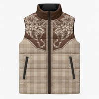 Hawai'i Paniolo Motif Leather Brown Sleeveless Puffer Jacket Floral Palaka Print LT7 Unisex Brown - Polynesian Pride