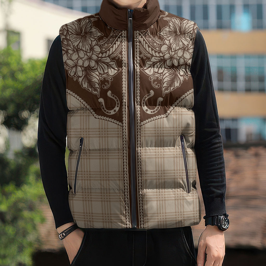 Hawai'i Paniolo Motif Leather Brown Sleeveless Puffer Jacket Floral Palaka Print LT7 - Polynesian Pride