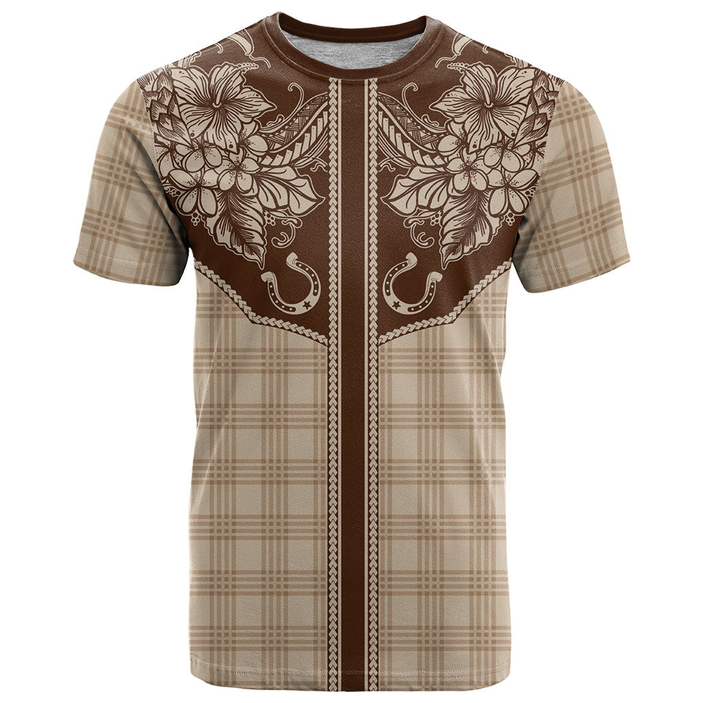 Hawai'i Paniolo Motif Leather Brown T Shirt Floral Palaka Print