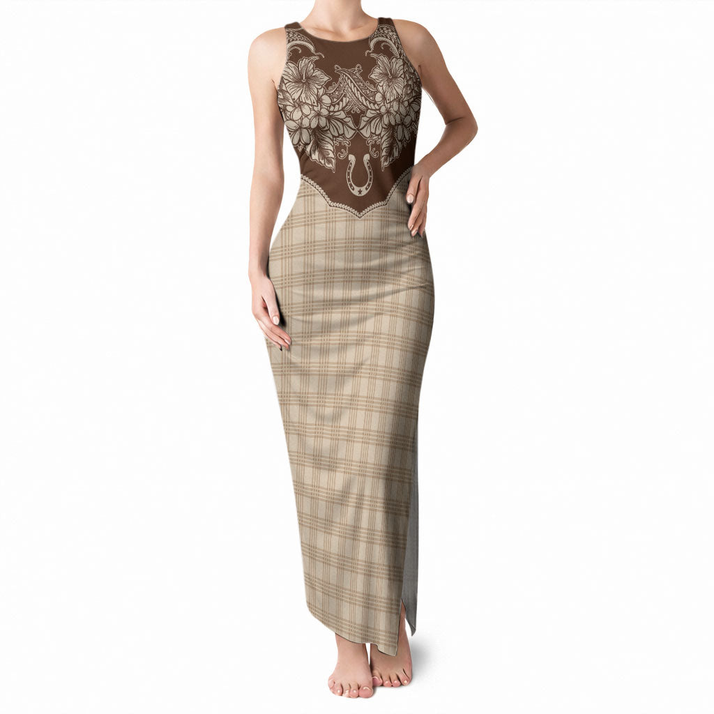 Hawai'i Paniolo Motif Leather Brown Tank Maxi Dress Floral Palaka Print LT7 Women Brown - Polynesian Pride