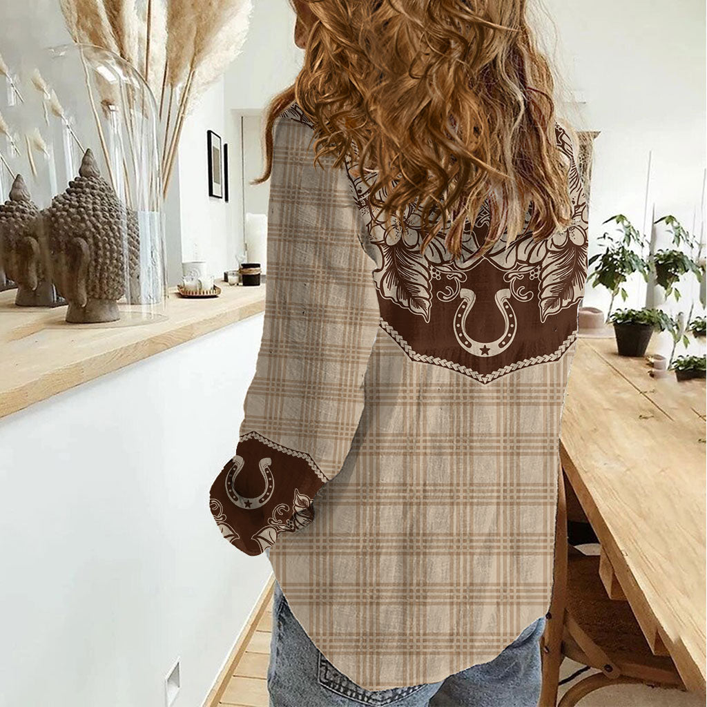 Hawai'i Paniolo Motif Leather Brown Women Casual Shirt Floral Palaka Print LT7 - Polynesian Pride