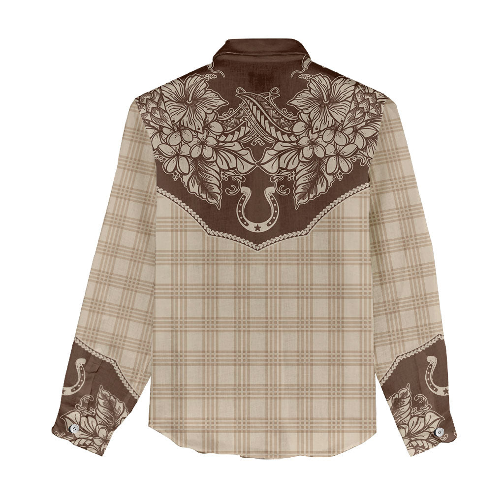 Hawai'i Paniolo Motif Leather Brown Women Casual Shirt Floral Palaka Print LT7 - Polynesian Pride