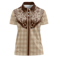 Hawai'i Paniolo Motif Leather Brown Women Polo Shirt Floral Palaka Print LT7 Female Brown - Polynesian Pride