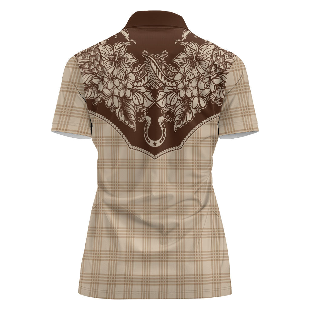 Hawai'i Paniolo Motif Leather Brown Women Polo Shirt Floral Palaka Print LT7 - Polynesian Pride