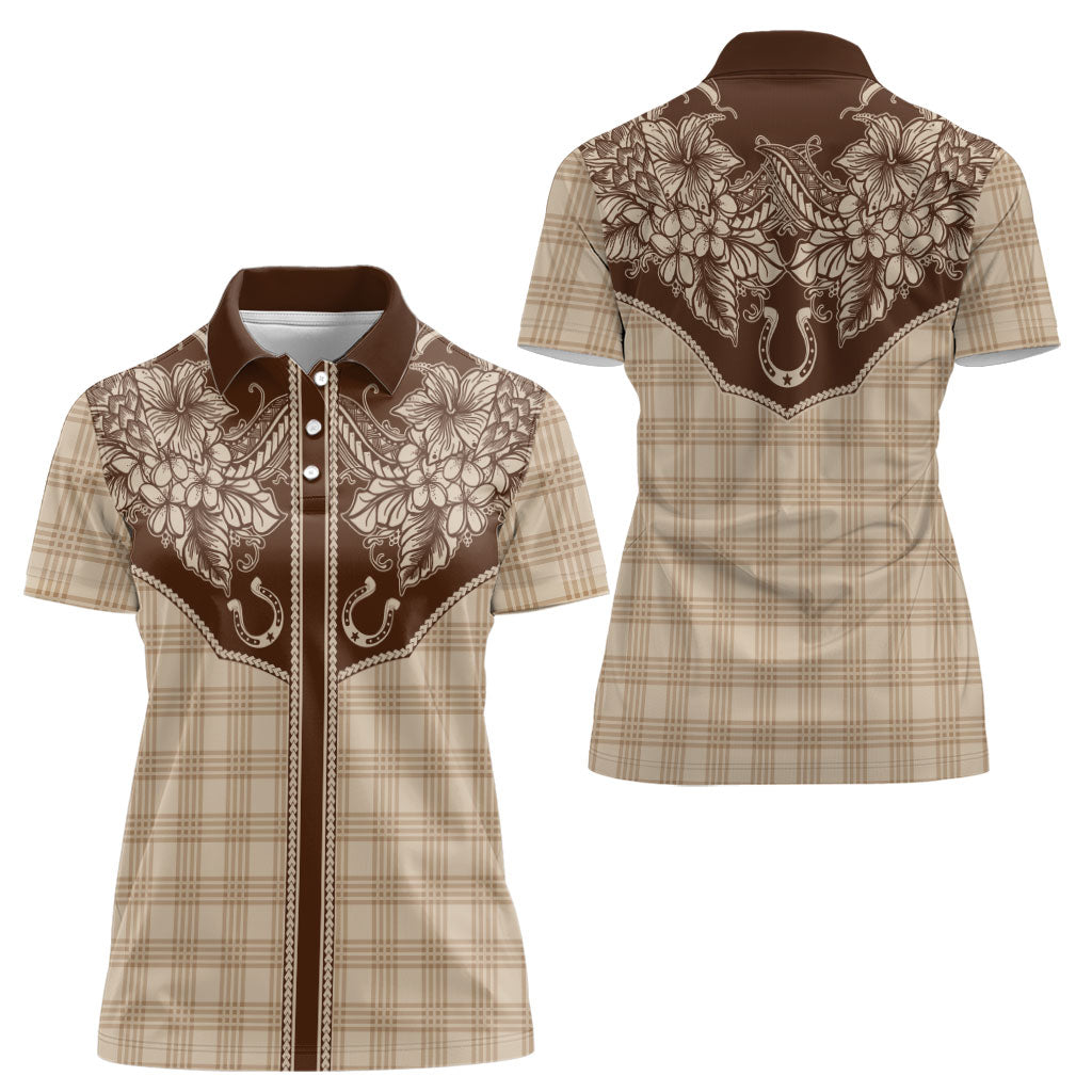 Hawai'i Paniolo Motif Leather Brown Women Polo Shirt Floral Palaka Print LT7 - Polynesian Pride