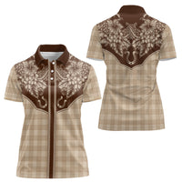 Hawai'i Paniolo Motif Leather Brown Women Polo Shirt Floral Palaka Print LT7 - Polynesian Pride