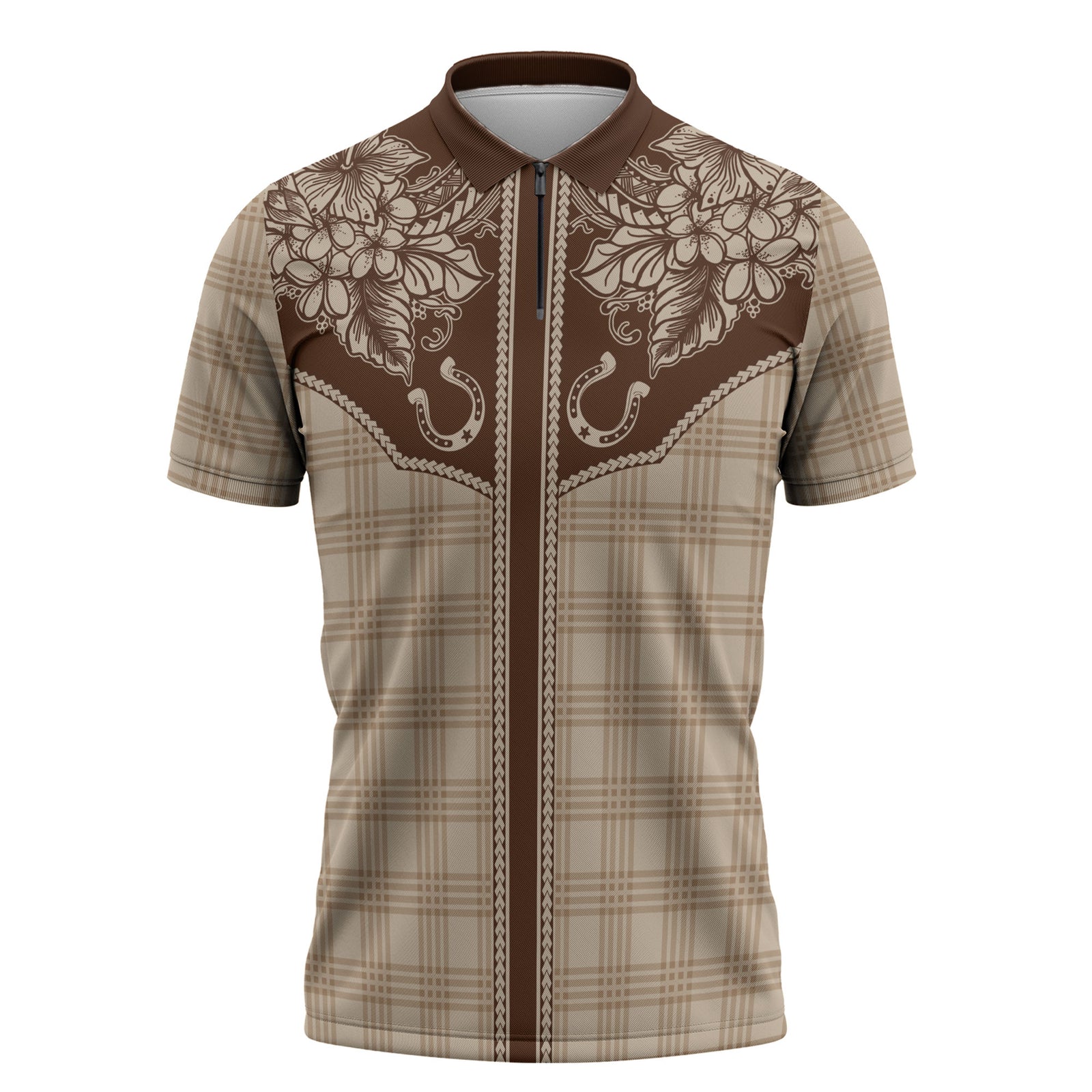 Hawai'i Paniolo Motif Leather Brown Zipper Polo Shirt Floral Palaka Print
