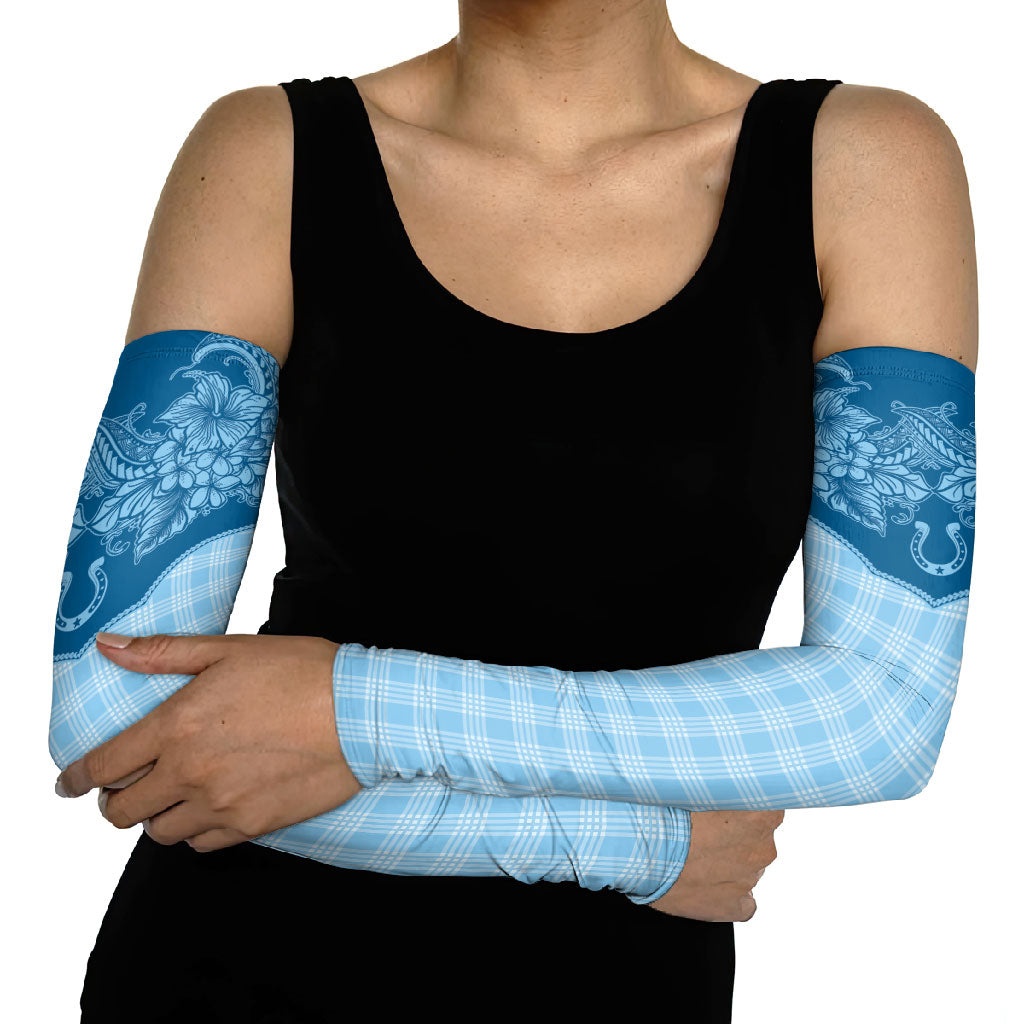 Hawai'i Paniolo Motif Deep Blue Arm Sleeves Floral Palaka Print LT7 - Polynesian Pride