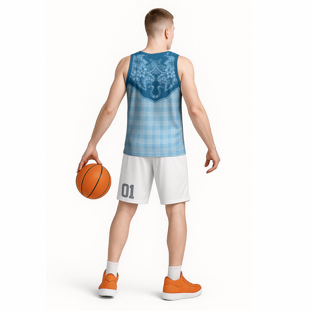 Hawai'i Paniolo Motif Deep Blue Basketball Jersey Floral Palaka Print LT7 - Polynesian Pride