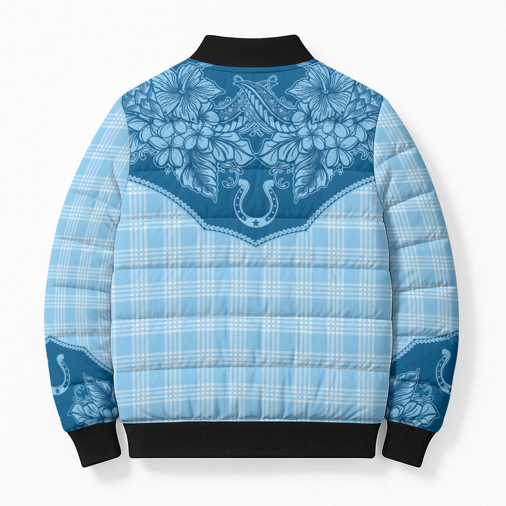 Hawai'i Paniolo Motif Deep Blue Bomber Puffer Jacket Floral Palaka Print LT7 - Polynesian Pride