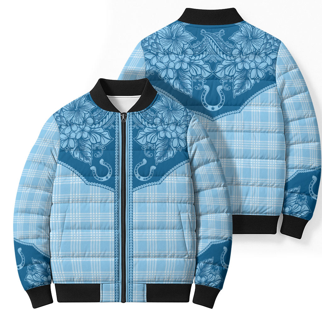 Hawai'i Paniolo Motif Deep Blue Bomber Puffer Jacket Floral Palaka Print LT7 - Polynesian Pride