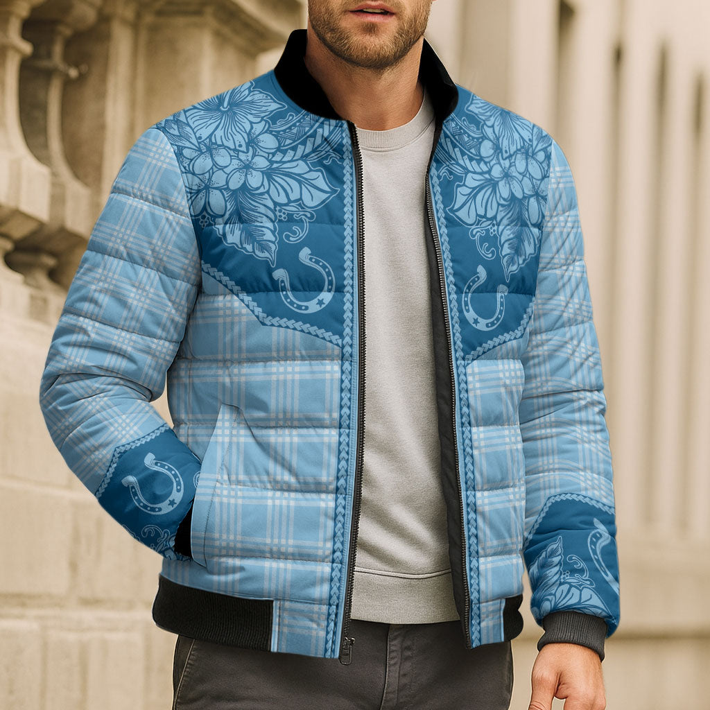Hawai'i Paniolo Motif Deep Blue Bomber Puffer Jacket Floral Palaka Print LT7 - Polynesian Pride