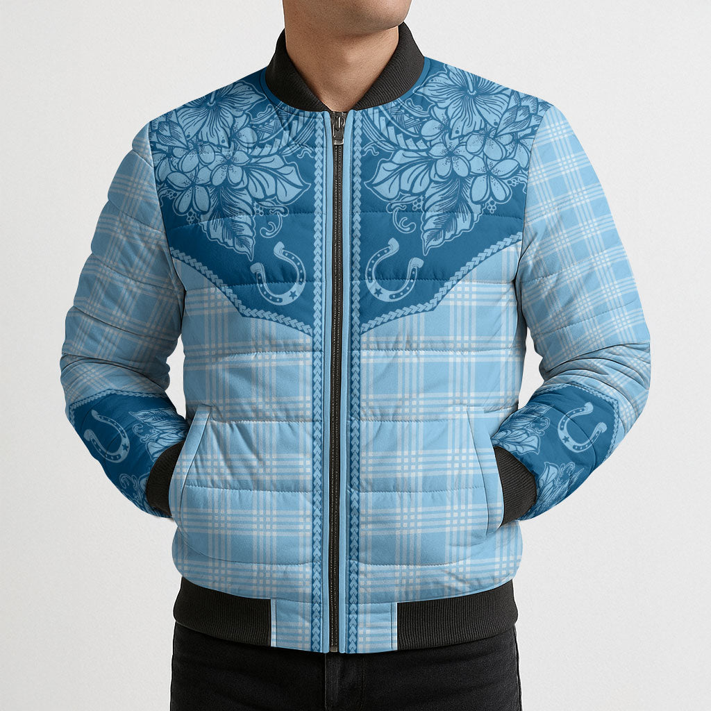 Hawai'i Paniolo Motif Deep Blue Bomber Puffer Jacket Floral Palaka Print LT7 - Polynesian Pride