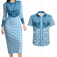 Hawai'i Paniolo Motif Deep Blue Couples Matching Long Sleeve Bodycon Dress and Hawaiian Shirt Floral Palaka Print LT7 Navy Blue - Polynesian Pride
