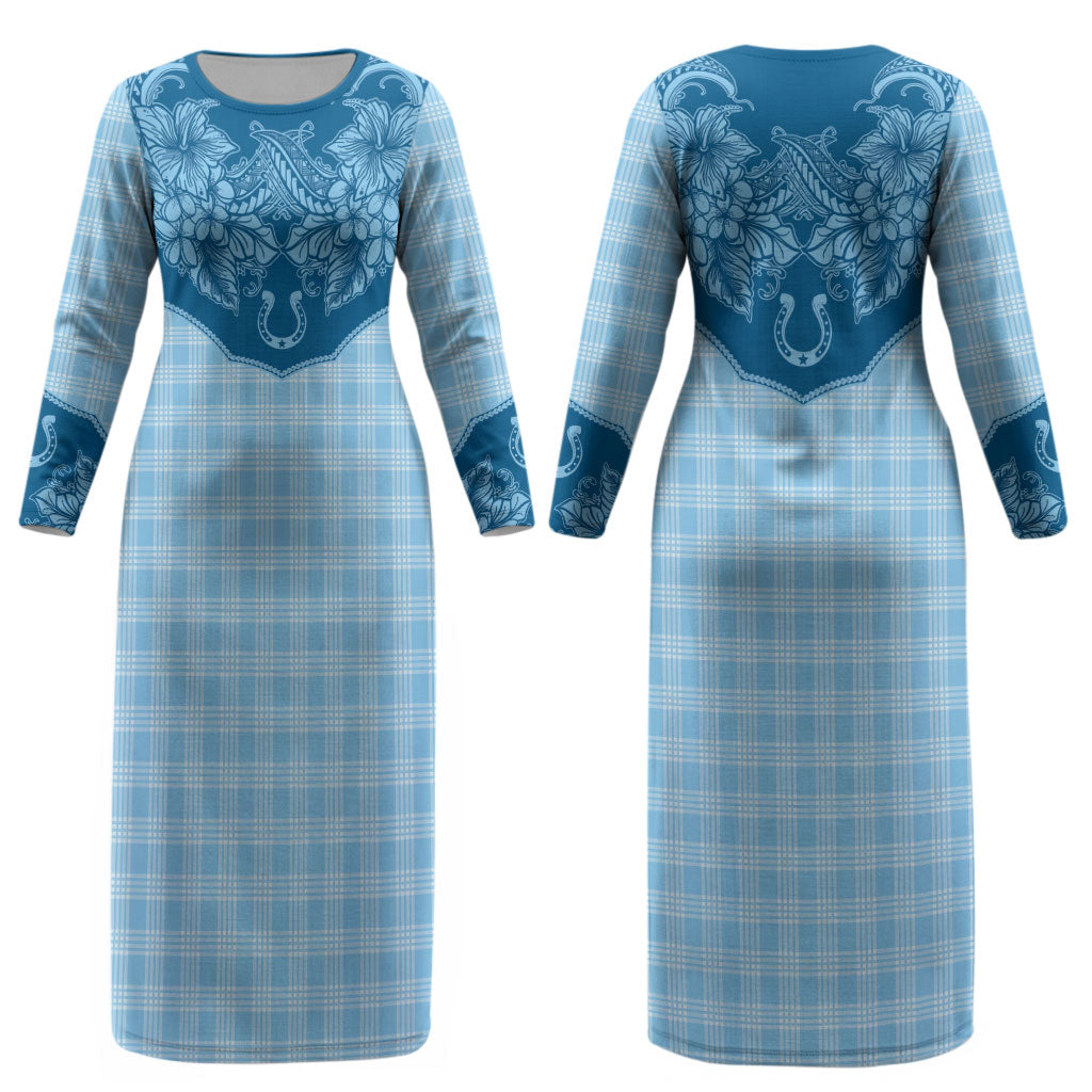 Hawai'i Paniolo Motif Deep Blue Couples Matching Long Sleeve Bodycon Dress and Hawaiian Shirt Floral Palaka Print LT7 - Polynesian Pride