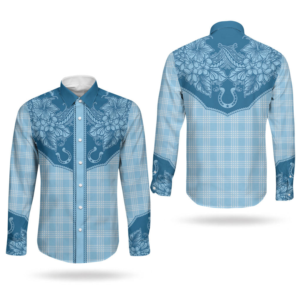 Hawai'i Paniolo Motif Deep Blue Couples Matching Off Shoulder Short Dress and Long Sleeve Button Shirt Floral Palaka Print LT7 - Polynesian Pride