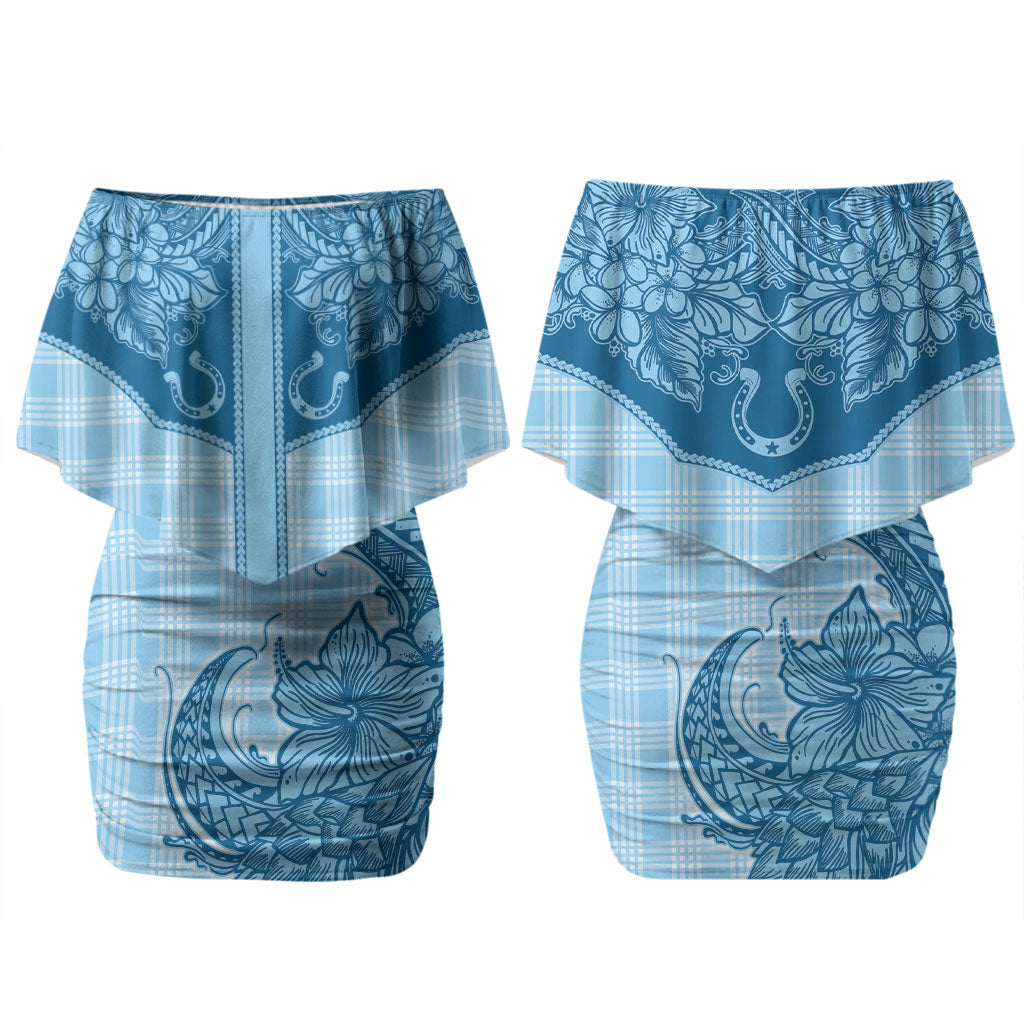 Hawai'i Paniolo Motif Deep Blue Couples Matching Off Shoulder Short Dress and Long Sleeve Button Shirt Floral Palaka Print LT7 - Polynesian Pride
