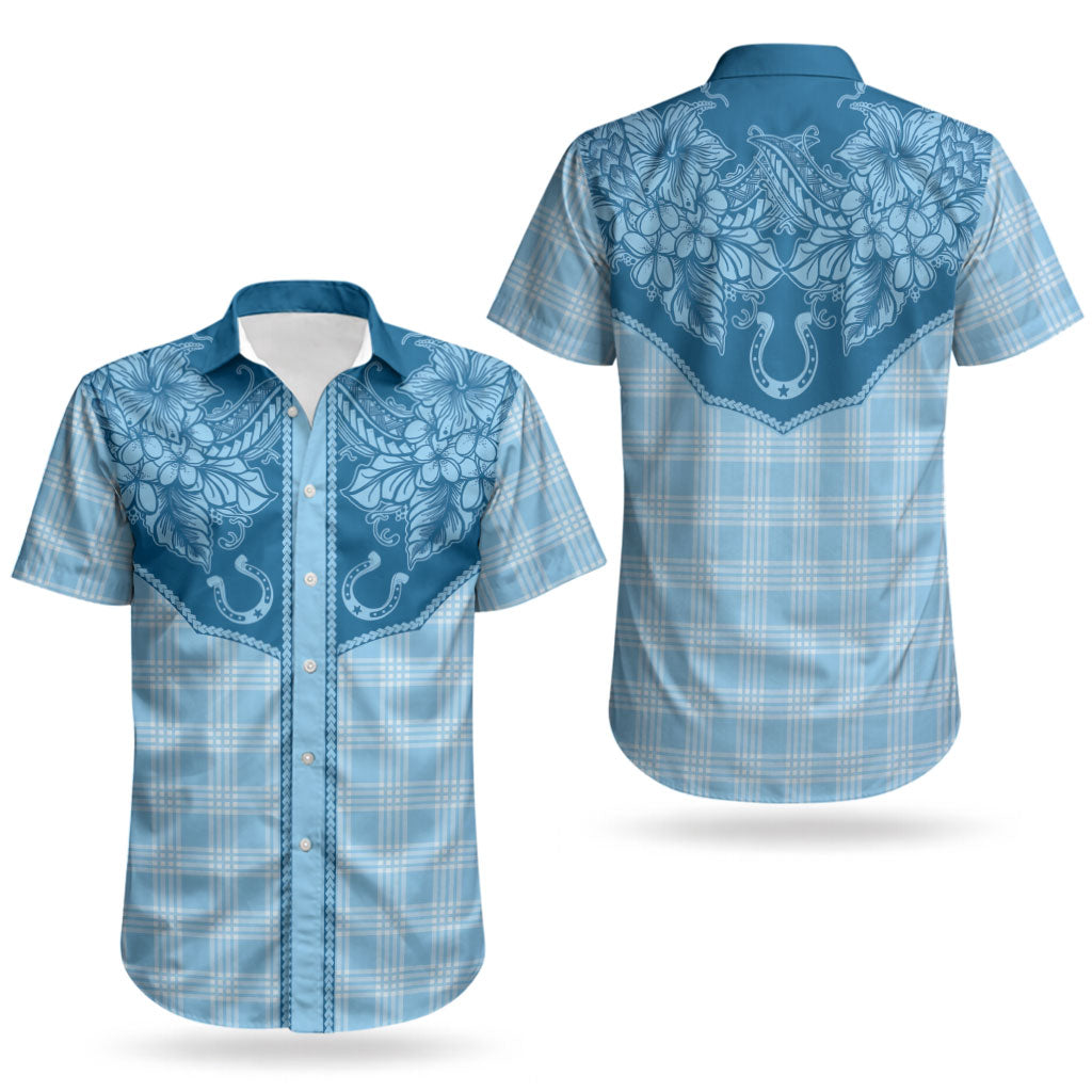 Hawai'i Paniolo Motif Deep Blue Couples Matching Off The Shoulder Long Sleeve Dress and Hawaiian Shirt Floral Palaka Print LT7 - Polynesian Pride