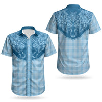 Hawai'i Paniolo Motif Deep Blue Couples Matching Off The Shoulder Long Sleeve Dress and Hawaiian Shirt Floral Palaka Print LT7 - Polynesian Pride