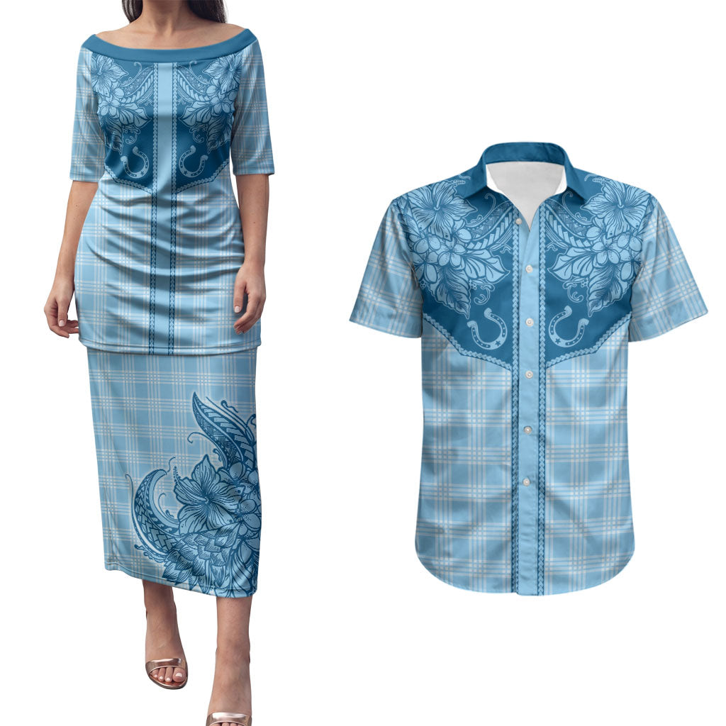 Hawai'i Paniolo Motif Deep Blue Couples Matching Puletasi and Hawaiian Shirt Floral Palaka Print LT7 Navy Blue - Polynesian Pride