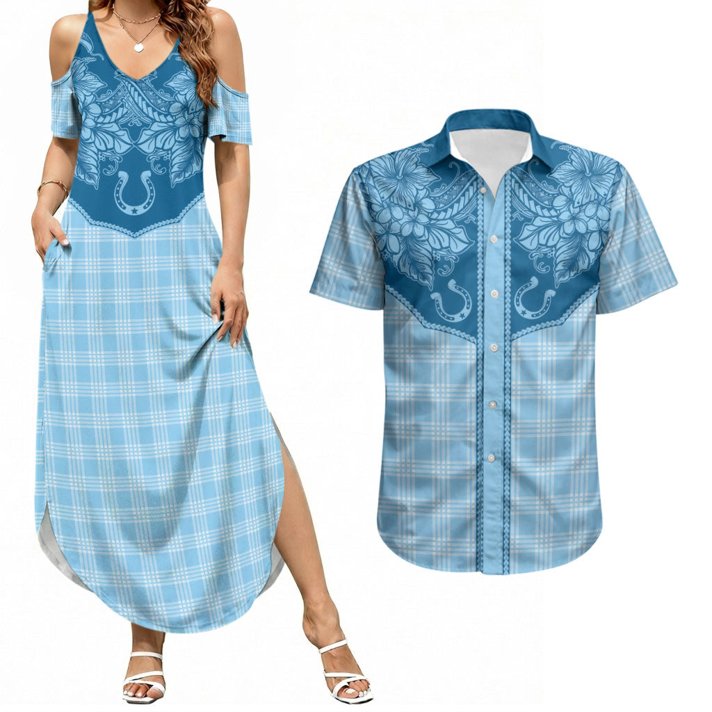 Hawai'i Paniolo Motif Deep Blue Couples Matching Summer Maxi Dress and Hawaiian Shirt Floral Palaka Print LT7 Navy Blue - Polynesian Pride