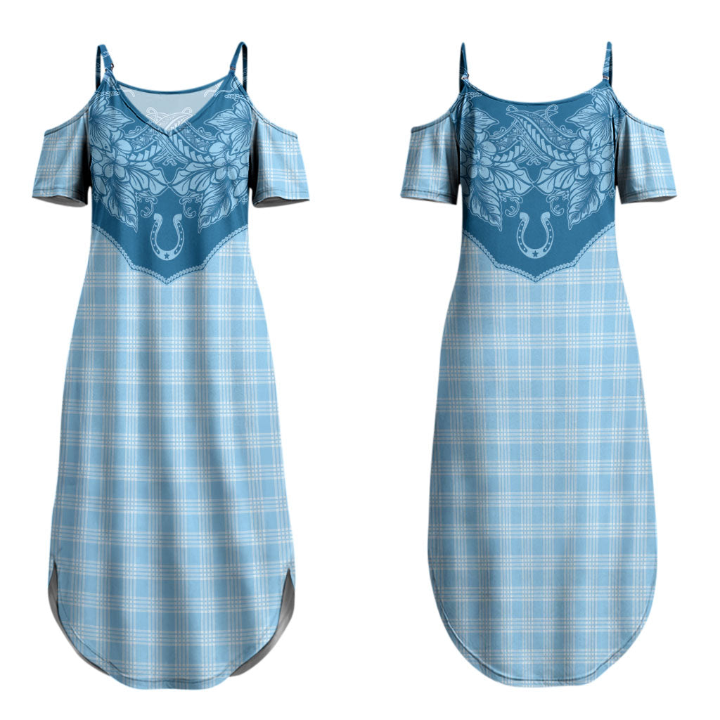 Hawai'i Paniolo Motif Deep Blue Couples Matching Summer Maxi Dress and Long Sleeve Button Shirt Floral Palaka Print LT7 - Polynesian Pride