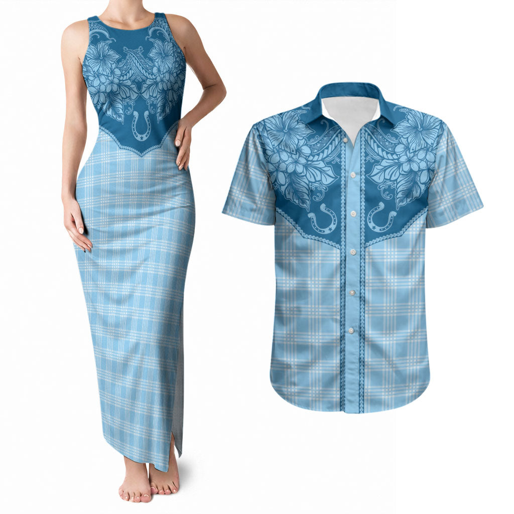 Hawai'i Paniolo Motif Deep Blue Couples Matching Tank Maxi Dress and Hawaiian Shirt Floral Palaka Print LT7 Navy Blue - Polynesian Pride
