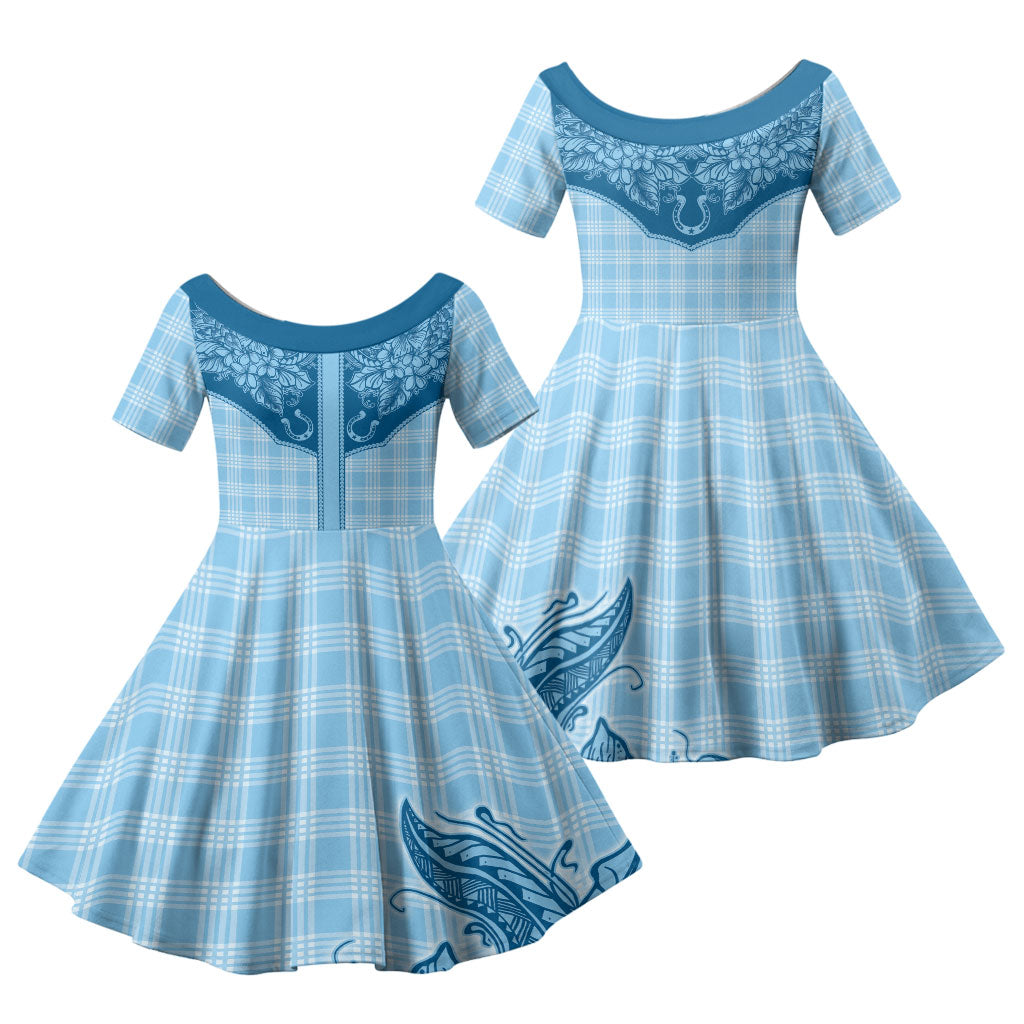 Hawai'i Paniolo Motif Deep Blue Family Matching Puletasi and Hawaiian Shirt Floral Palaka Print LT7 Daughter's Dress Navy Blue - Polynesian Pride