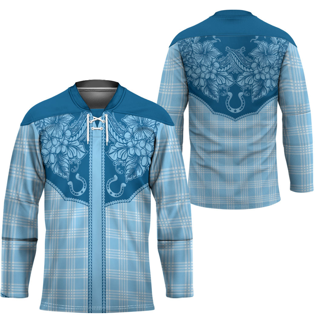 Hawai'i Paniolo Motif Deep Blue Hockey Jersey Floral Palaka Print LT7 - Polynesian Pride