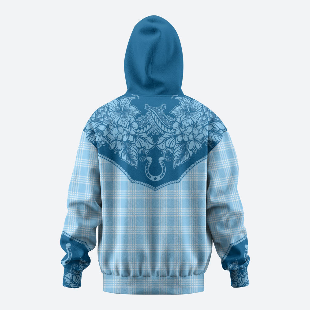 Hawai'i Paniolo Motif Deep Blue Hoodie Floral Palaka Print LT7 - Polynesian Pride