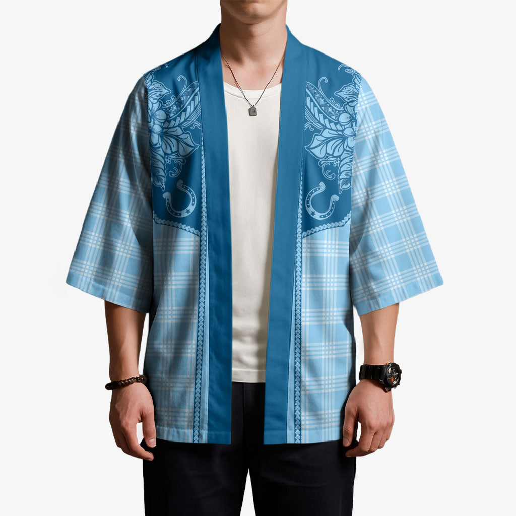Hawai'i Paniolo Motif Deep Blue Kimono Floral Palaka Print LT7 - Polynesian Pride