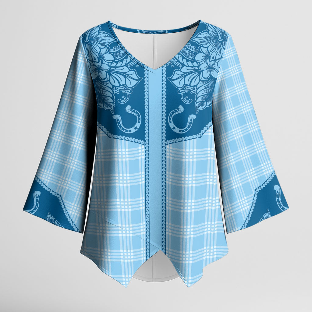 Hawai'i Paniolo Motif Deep Blue Kimono Sleeve Blouse Floral Palaka Print LT7 Female Navy Blue - Polynesian Pride