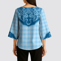 Hawai'i Paniolo Motif Deep Blue Kimono Sleeve Blouse Floral Palaka Print LT7 - Polynesian Pride
