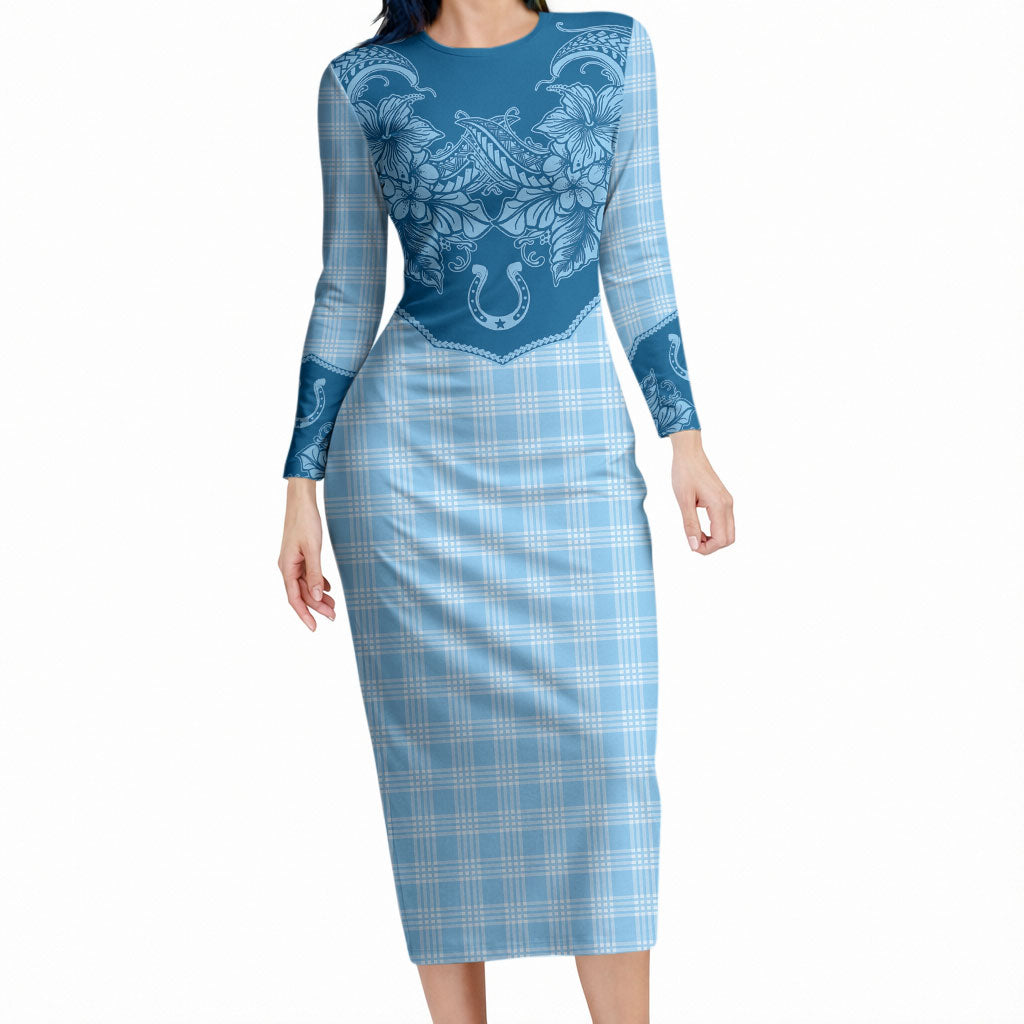 Hawai'i Paniolo Motif Deep Blue Long Sleeve Bodycon Dress Floral Palaka Print LT7 Long Dress Navy Blue - Polynesian Pride