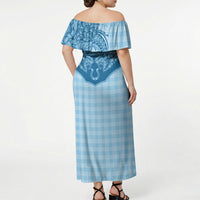 Hawai'i Paniolo Motif Deep Blue Off Shoulder Maxi Dress Floral Palaka Print LT7 - Polynesian Pride