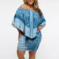 Hawai'i Paniolo Motif Deep Blue Off Shoulder Short Dress Floral Palaka Print LT7 Women Navy Blue - Polynesian Pride