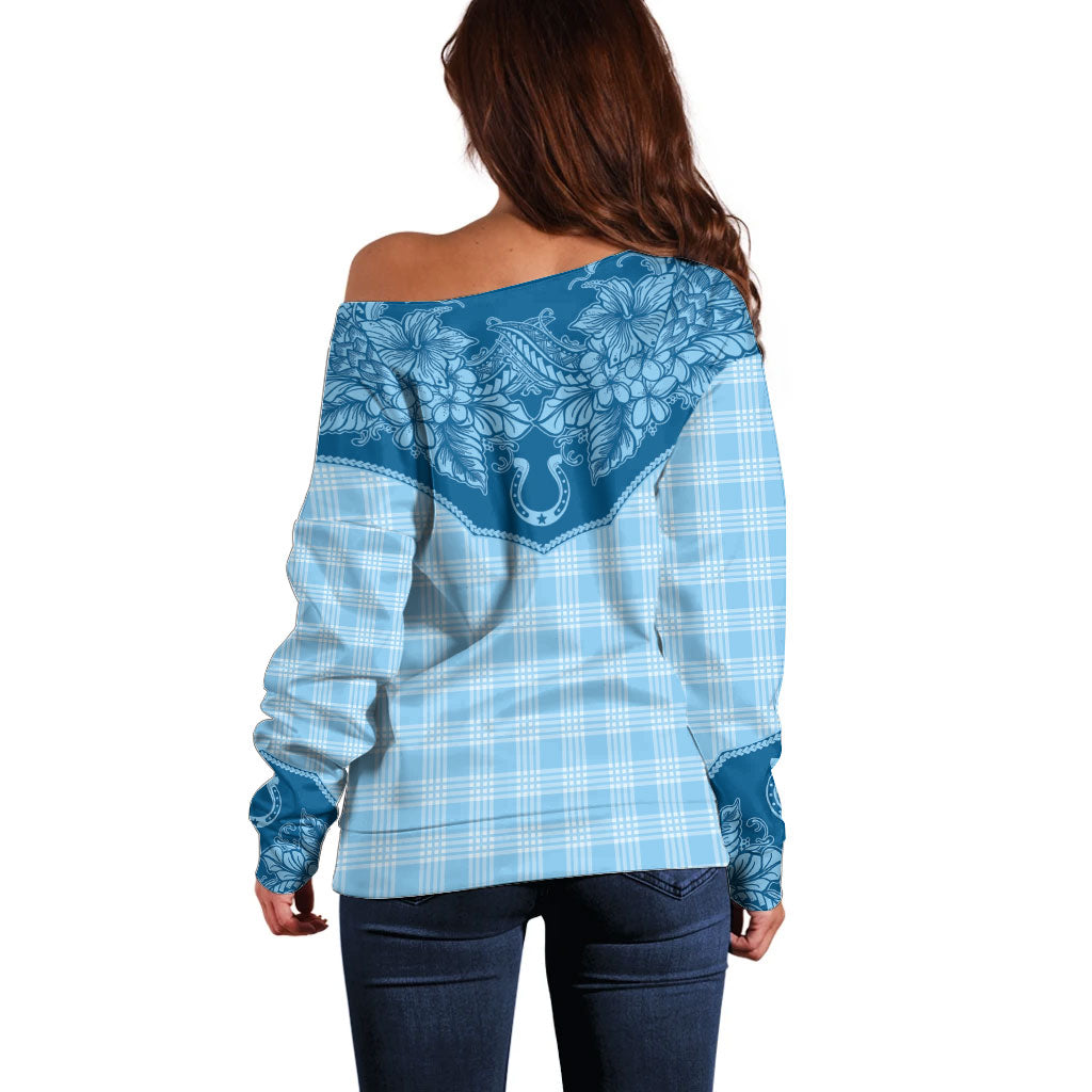 Hawai'i Paniolo Motif Deep Blue Off Shoulder Sweater Floral Palaka Print LT7 - Polynesian Pride
